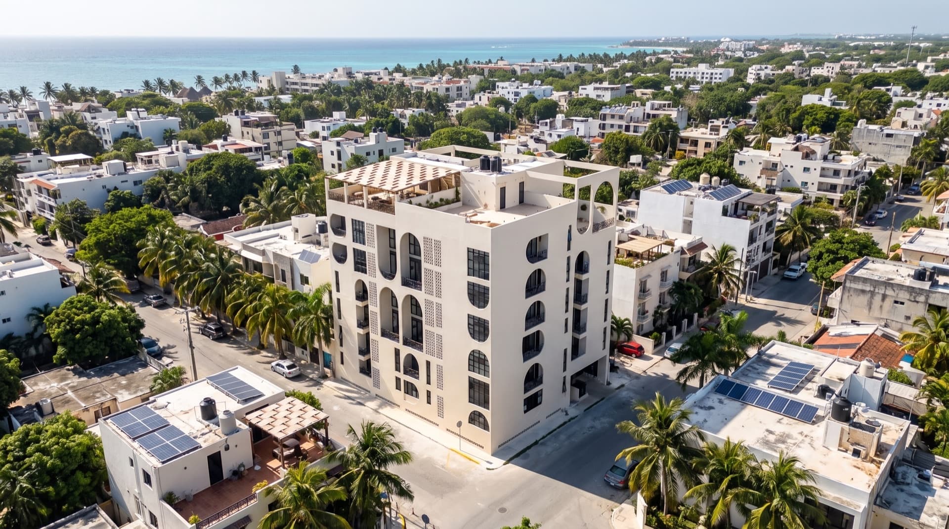 Ilustración aérea de Marbella en Playa del Carmen, generada a partir de la fotografía de la fachada
