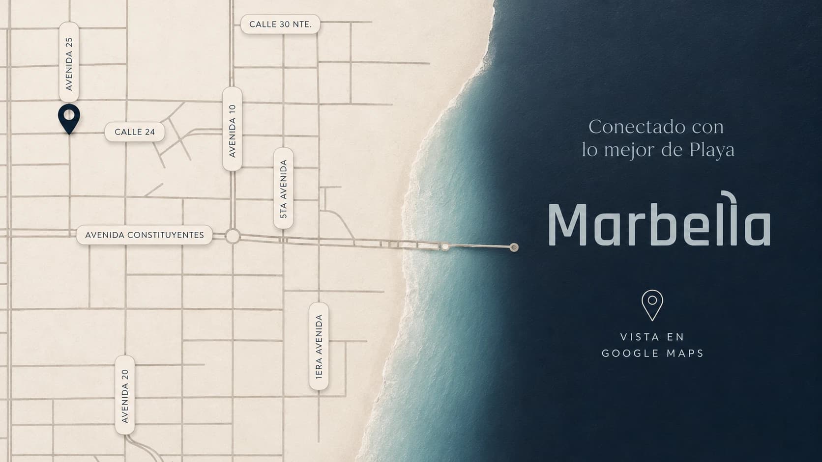 Mapa de la ubicación de Marbella sobre la Avenida 25 Norte, Playa del Carmen