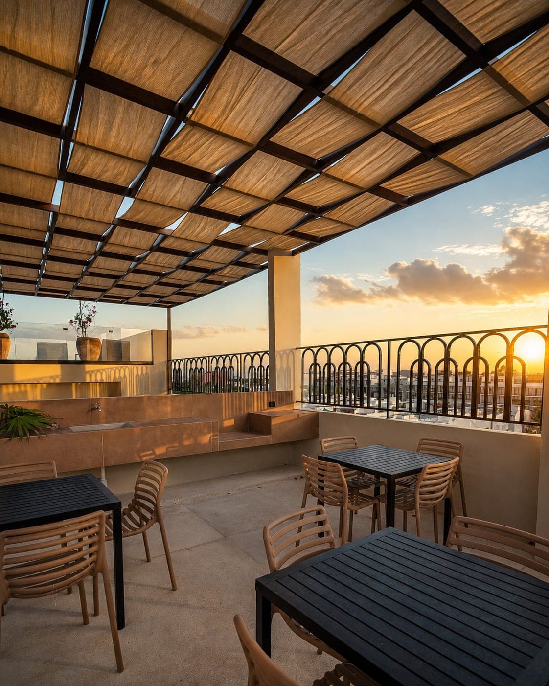 La pérgola del rooftop de Marbella al atardecer