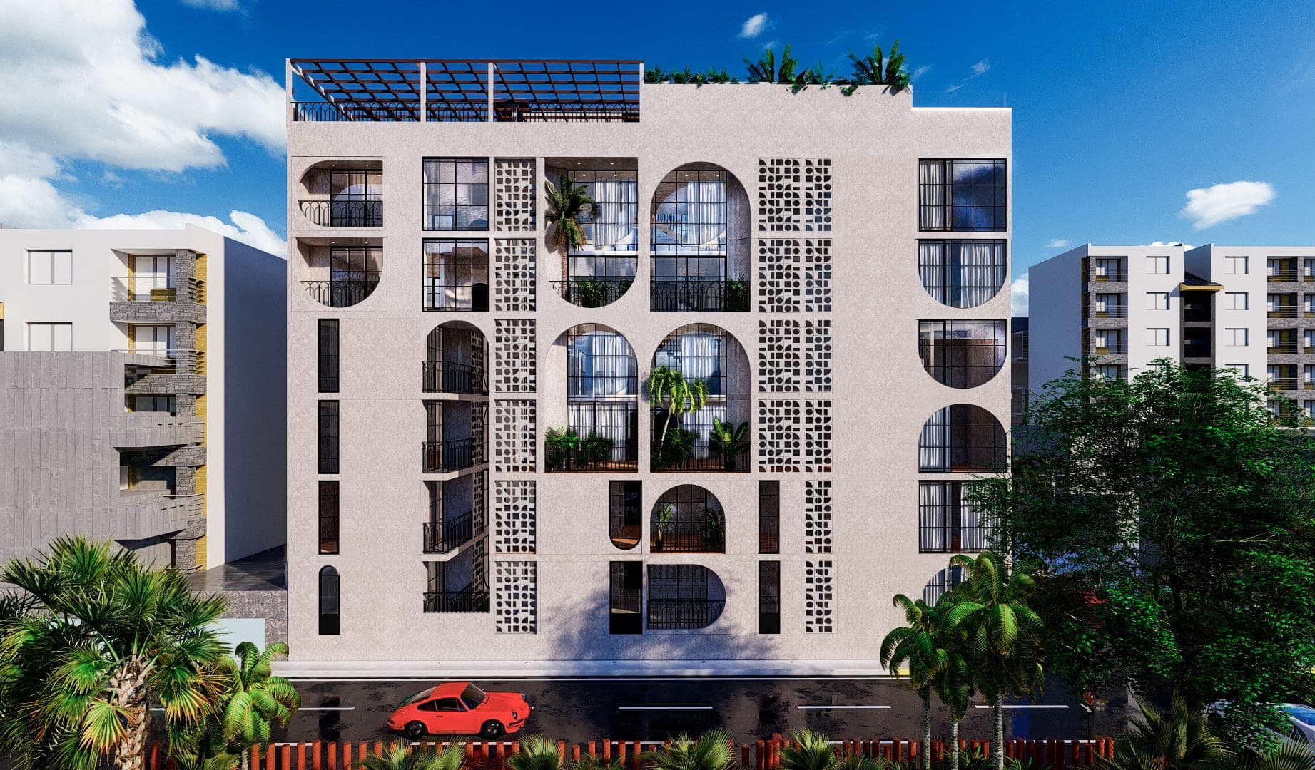 Render de la fachada lateral de Marbella con sus terrazas privadas