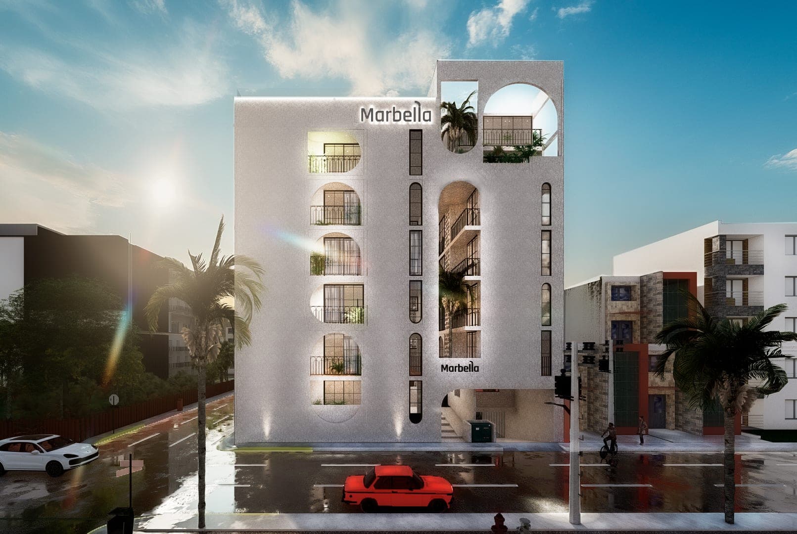 Render de la fachada principal de Marbella sobre la Avenida 25 Norte
