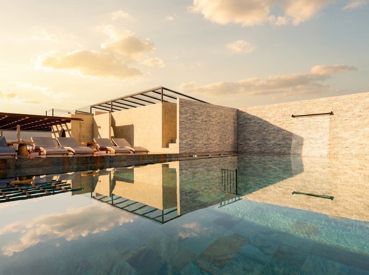 Render de la alberca del rooftop de Marbella