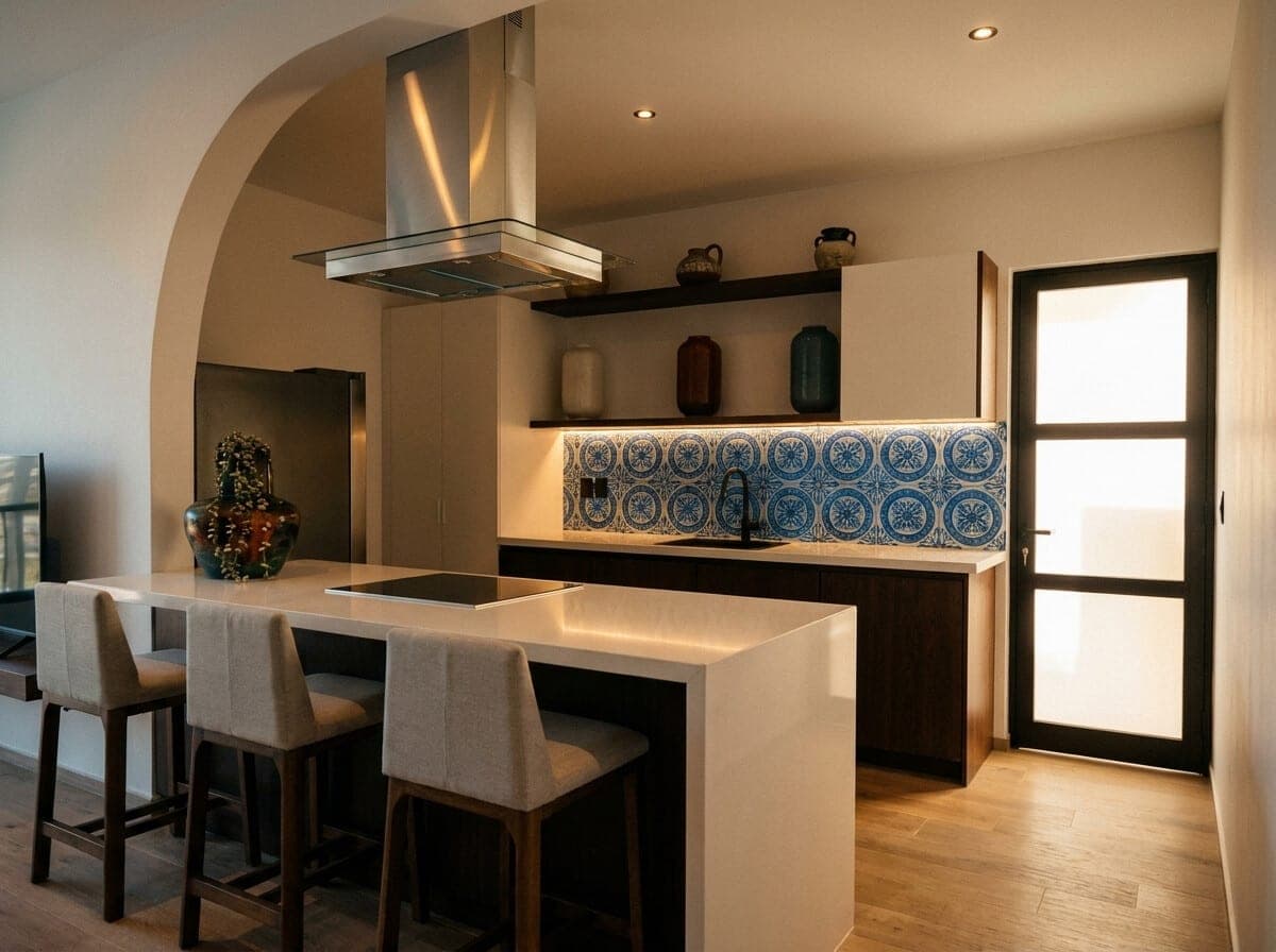 Render de la cocina de un departamento Marbella