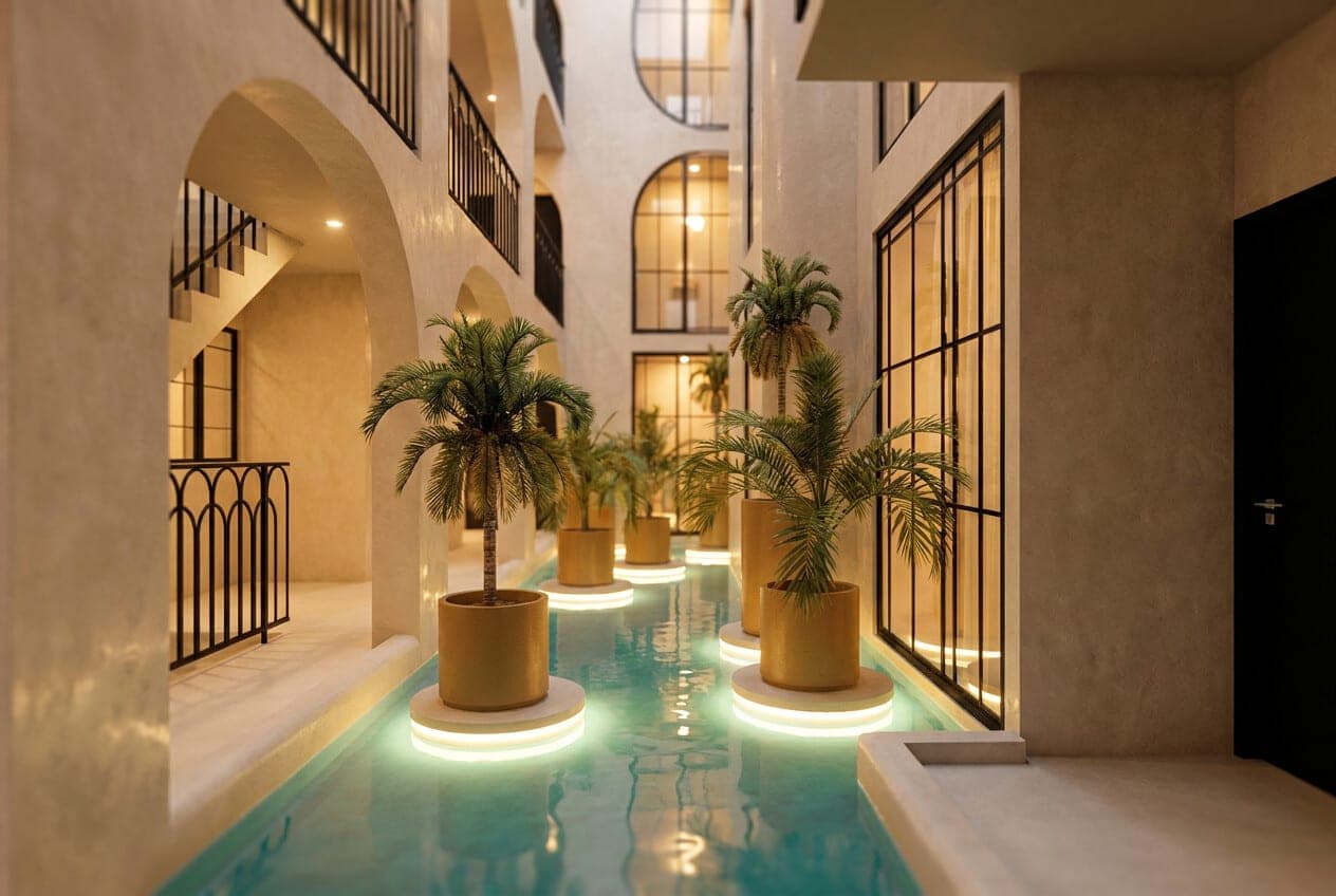 Render del espejo de agua interior de Marbella