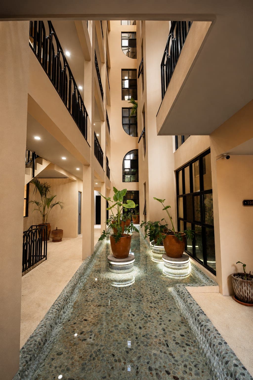Marbella's interior courtyard at floor level, with the reflecting pool and the walkways above