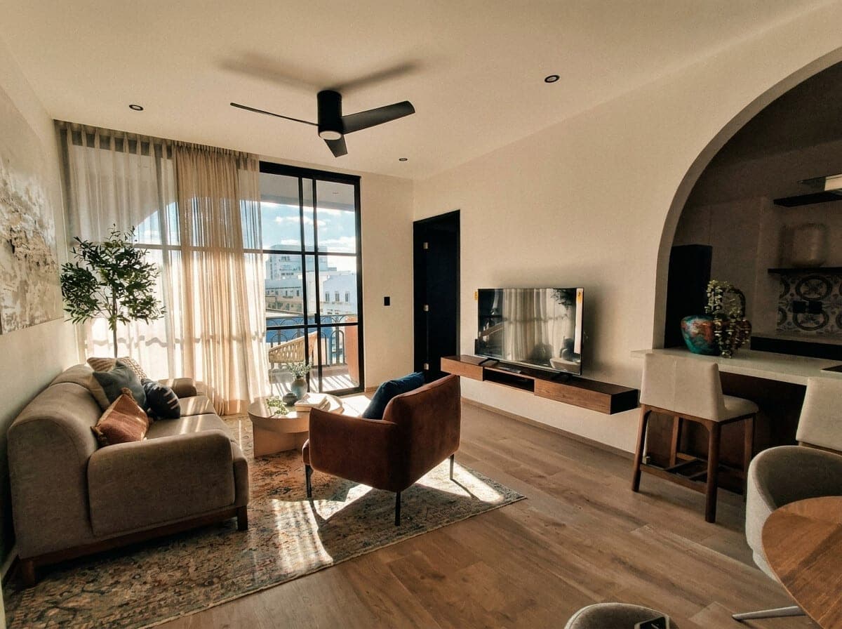 Render de la sala de un departamento Marbella con salida a terraza