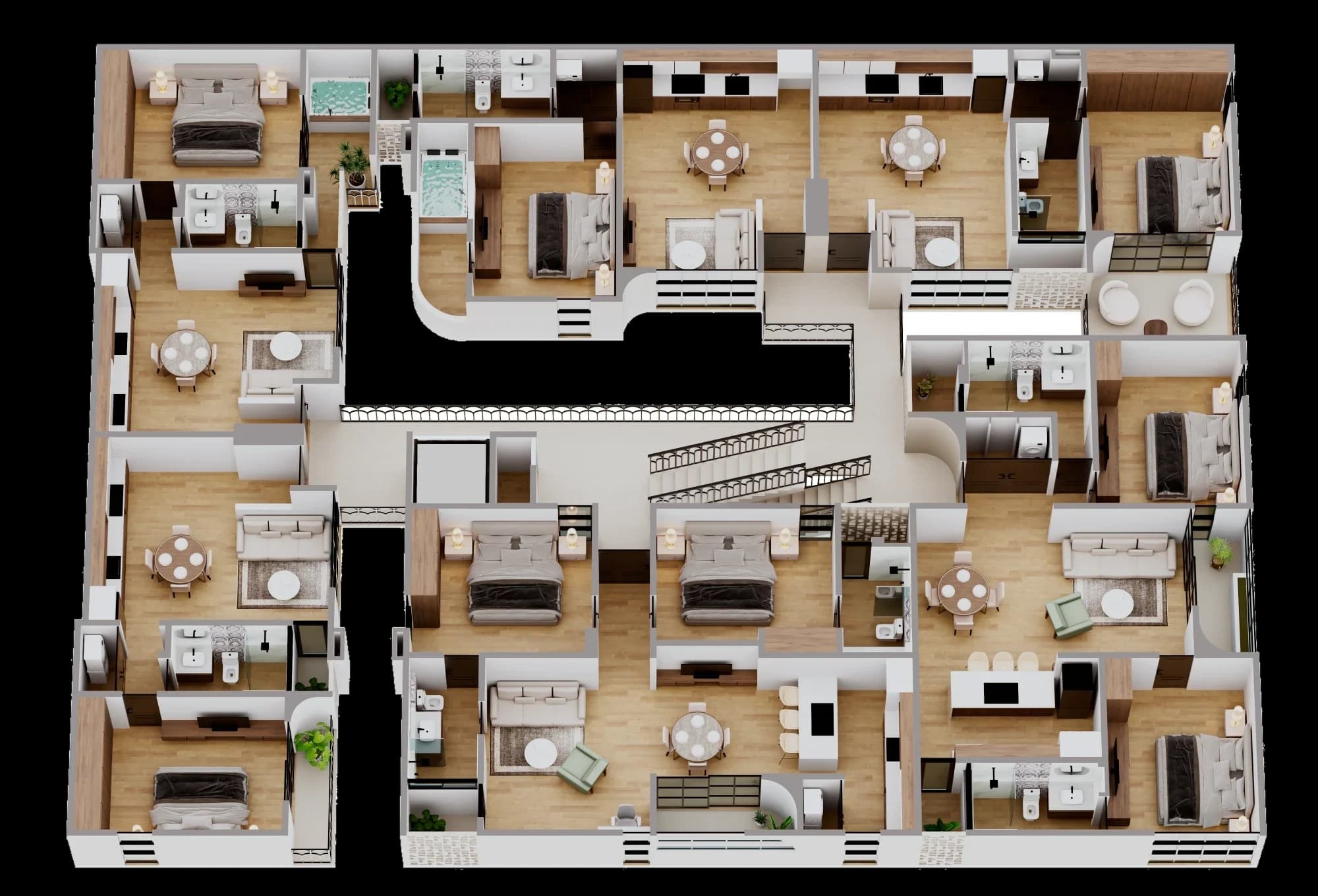 Plano del nivel 1 de Marbella: seis departamentos alrededor del vacío central