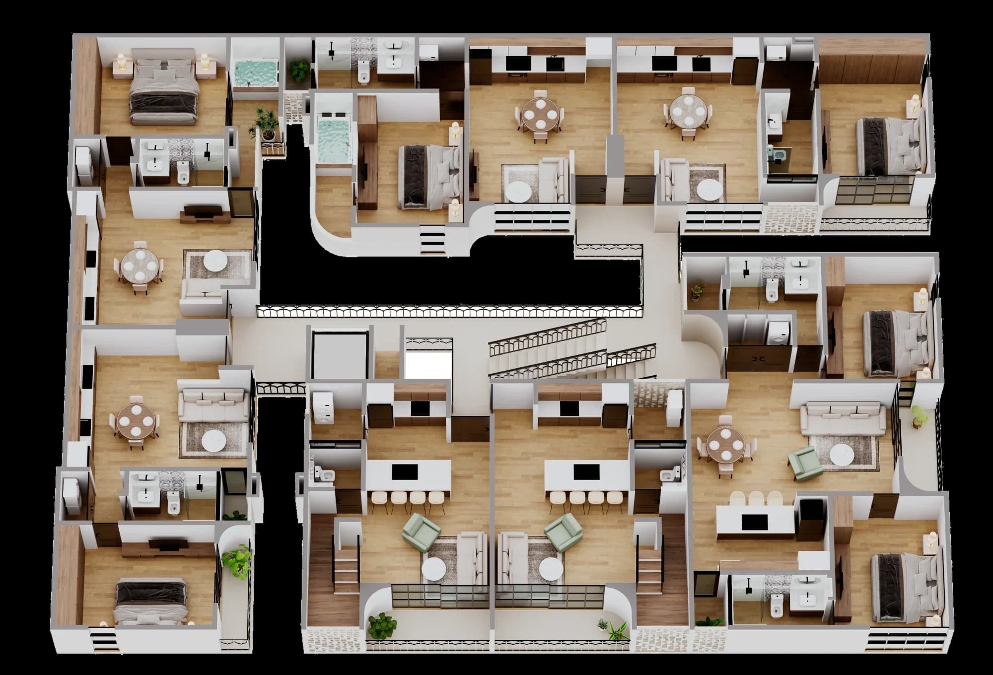 Plano del nivel 2 de Marbella: siete departamentos, entre ellos los dos lofts de doble altura