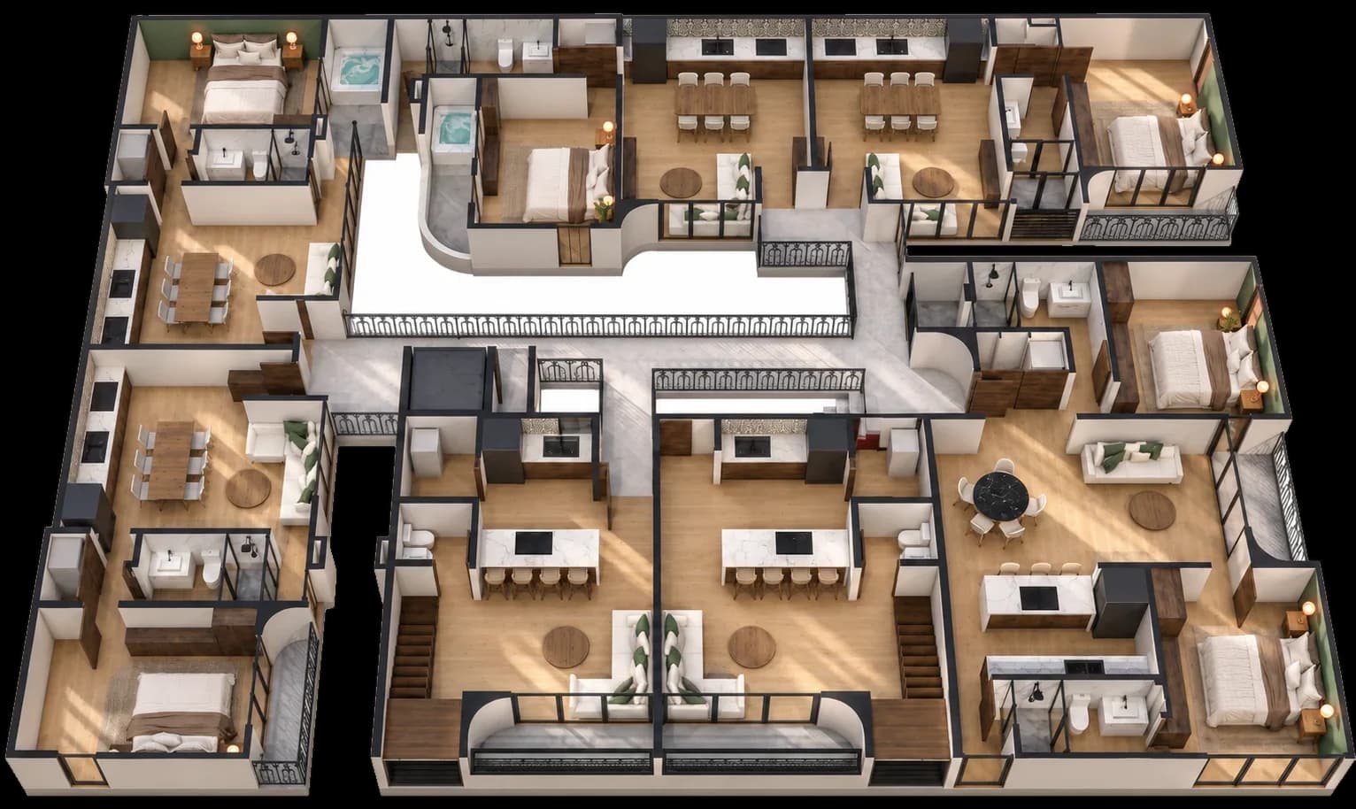 Plano del nivel 2 de Marbella: siete departamentos, entre ellos los dos lofts de doble altura