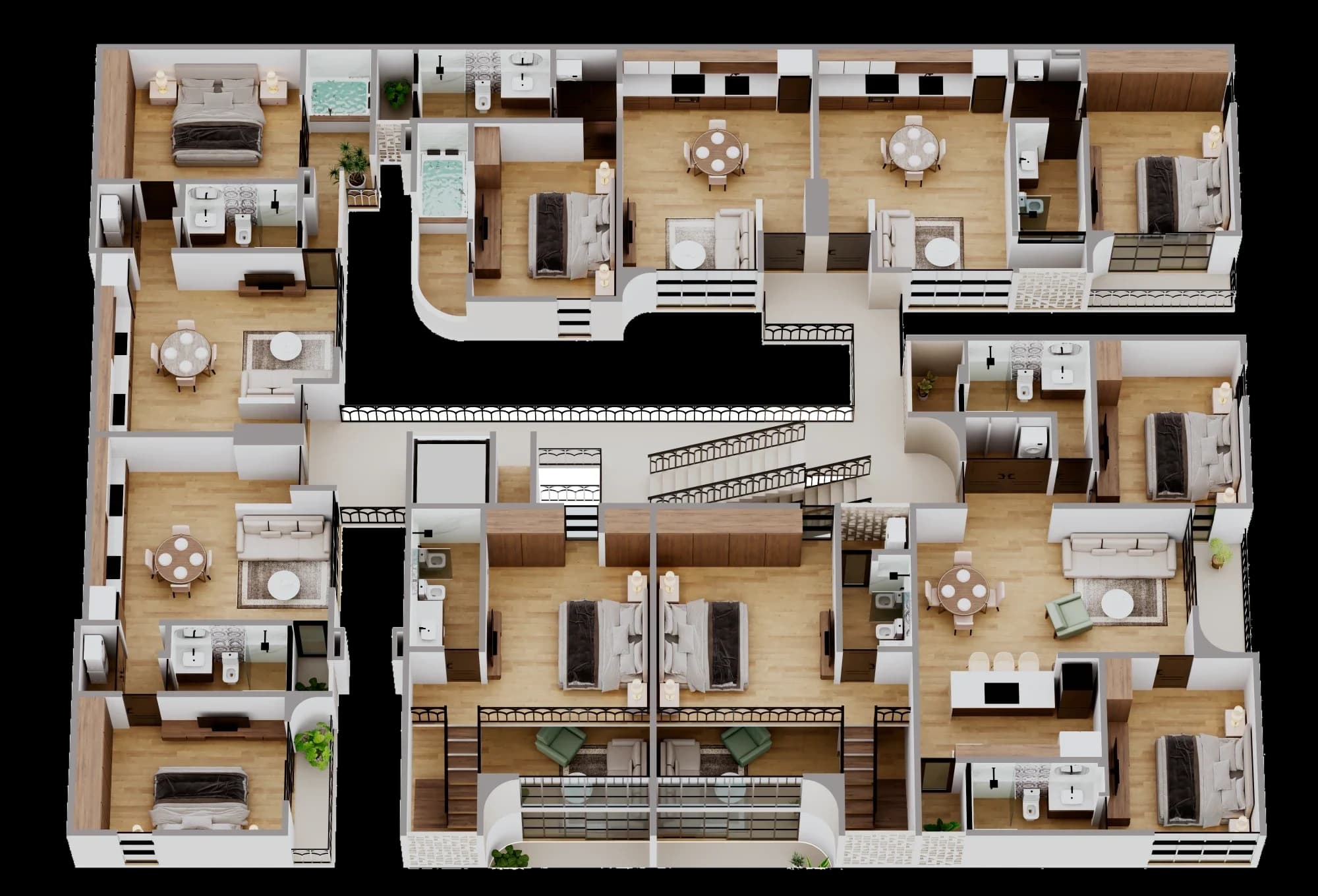 Plano del nivel 3 de Marbella: cinco departamentos; la franja central la ocupan los mezanines de los lofts del nivel 2