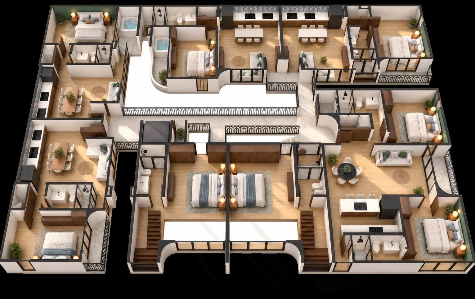 Plano del nivel 3 de Marbella: cinco departamentos; la franja central la ocupan los mezanines de los lofts del nivel 2
