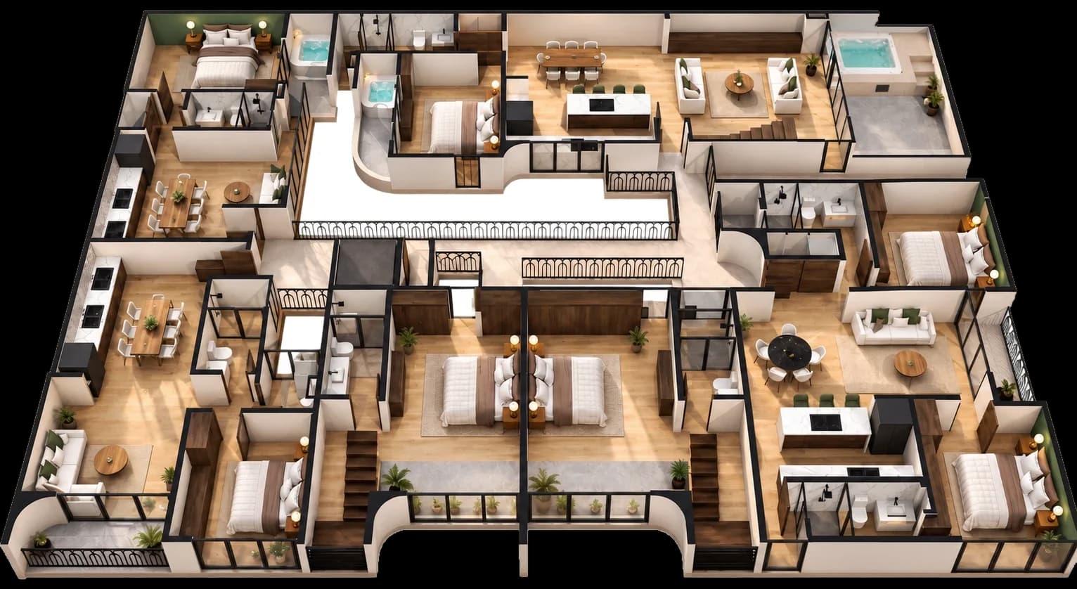 Plano del nivel 5 de Marbella: el penthouse 606 y tres departamentos más; la franja central la ocupan los mezanines de los lofts del nivel 4