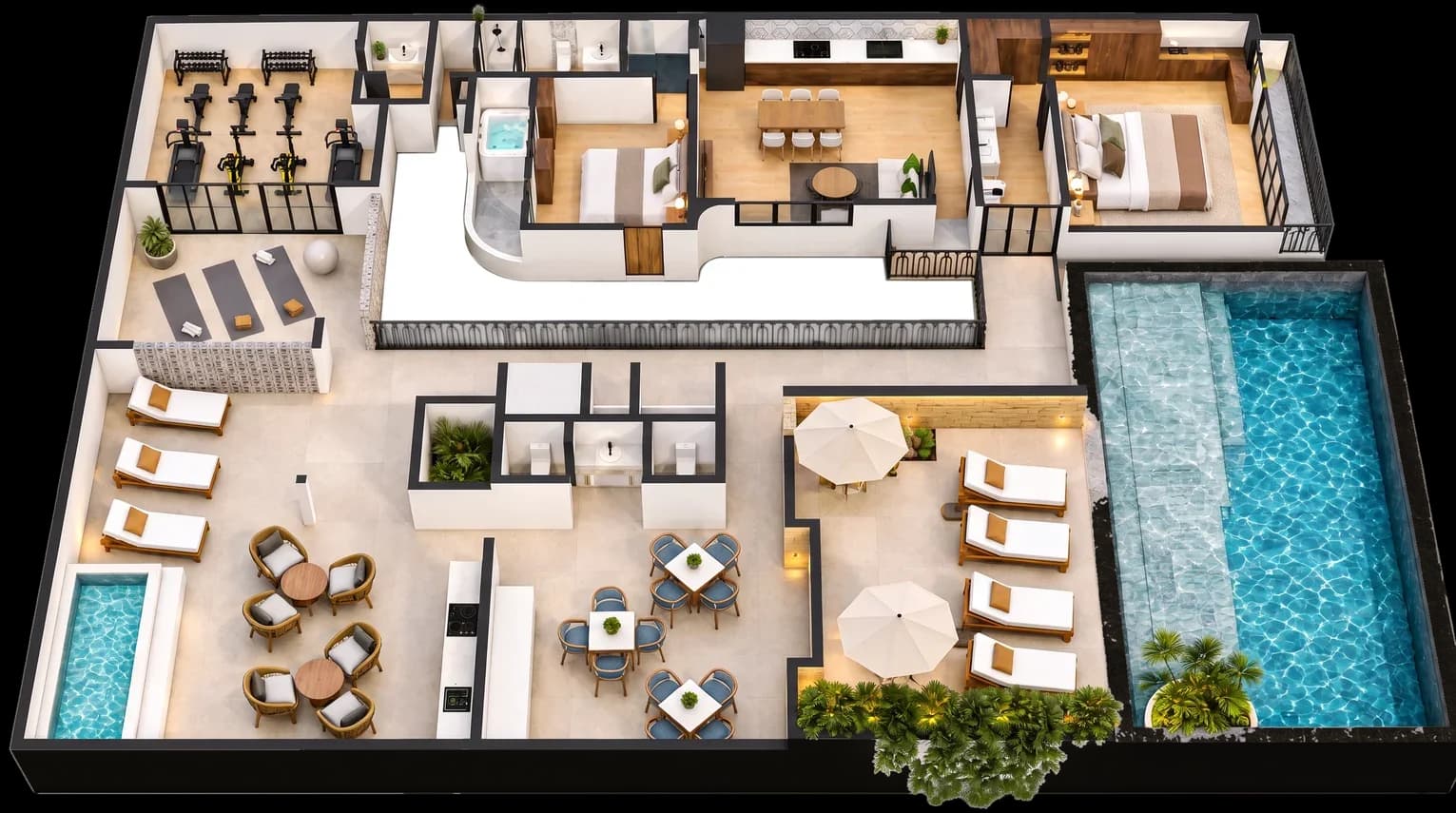 Plano del rooftop de Marbella: el departamento 701, la planta alta del penthouse y las áreas comunes